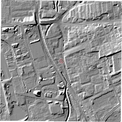 Shaded relief map of the ground around NG72BA, computed from Environment Agency LiDAR. The ground here sits at about 30 m above sea level and falls 17 m across the surrounding 800 m. Surface water reaching this point runs off ground lying to the north-east, 15.4 m higher.