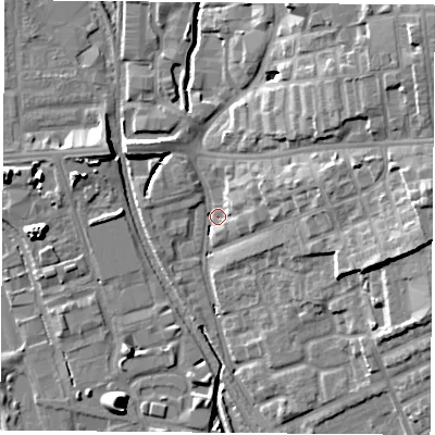 Shaded relief map of the ground around NG72BP, computed from Environment Agency LiDAR. The ground here sits at about 30 m above sea level and falls 19 m across the surrounding 800 m. Surface water reaching this point runs off ground lying to the north-east, 16.4 m higher.