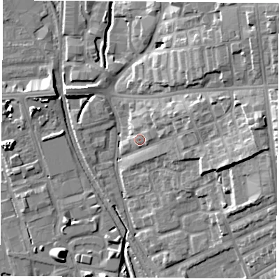 Shaded relief map of the ground around NG72BQ, computed from Environment Agency LiDAR. The ground here sits at about 32 m above sea level and falls 20 m across the surrounding 800 m. Surface water reaching this point runs off ground lying to the east-north-east, 2.5 m higher.
