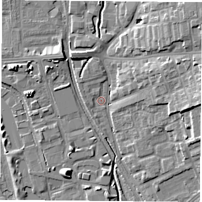 Shaded relief map of the ground around NG72DA, computed from Environment Agency LiDAR. The ground here sits at about 30 m above sea level and falls 17 m across the surrounding 800 m. Surface water reaching this point runs off ground lying to the west-north-west, 2.5 m higher.