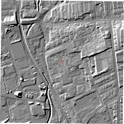 Shaded relief map of the ground around NG72DG, computed from Environment Agency LiDAR. The ground here sits at about 32 m above sea level and falls 22 m across the surrounding 800 m. Surface water reaching this point runs off ground lying to the east-north-east, 11.9 m higher.