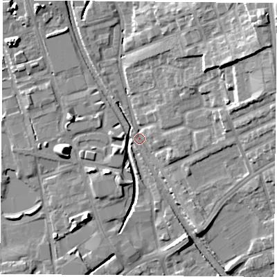 Shaded relief map of the ground around NG72DU, computed from Environment Agency LiDAR. The ground here sits at about 30 m above sea level and falls 19 m across the surrounding 800 m. Surface water reaching this point runs off ground lying to the north-east, 14.8 m higher.
