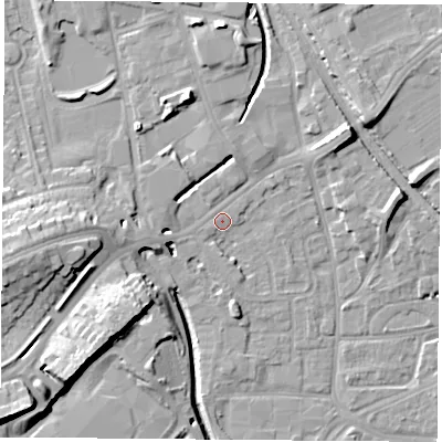 Shaded relief map of the ground around NG72DZ, computed from Environment Agency LiDAR. The ground here sits at about 27 m above sea level and falls 15 m across the surrounding 800 m. Surface water reaching this point runs off ground lying to the north-east, 6.7 m higher.