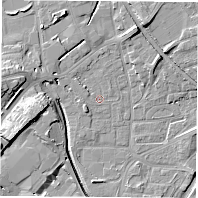 Shaded relief map of the ground around NG72EA, computed from Environment Agency LiDAR. The ground here sits at about 26 m above sea level and falls 16 m across the surrounding 800 m. Surface water reaching this point runs off ground lying to the north-north-east, 8.4 m higher.
