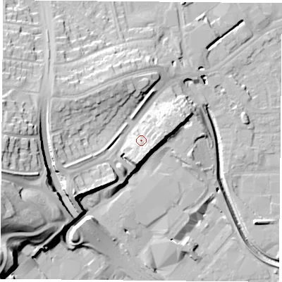 Shaded relief map of the ground around NG72EB, computed from Environment Agency LiDAR. The ground here sits at about 36 m above sea level and falls 28 m across the surrounding 800 m. Surface water reaching this point runs off ground lying to the east-south-east, 3.9 m higher.