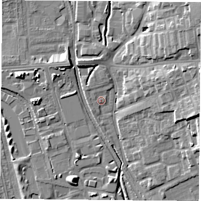 Shaded relief map of the ground around NG72EG, computed from Environment Agency LiDAR. The ground here sits at about 31 m above sea level and falls 16 m across the surrounding 800 m. Surface water reaching this point runs off ground lying to the north-west, 0.8 m higher.