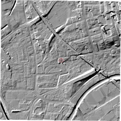Shaded relief map of the ground around NG72EZ, computed from Environment Agency LiDAR. The ground here sits at about 27 m above sea level and falls 20 m across the surrounding 800 m. Surface water reaching this point runs off ground lying to the north-north-west, 3.4 m higher.