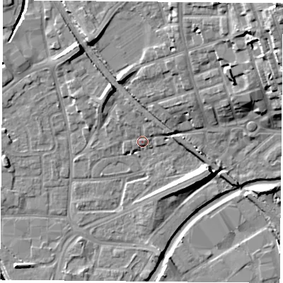 Shaded relief map of the ground around NG72FB, computed from Environment Agency LiDAR. The ground here sits at about 27 m above sea level and falls 23 m across the surrounding 800 m. Surface water reaching this point runs off ground lying to the north-north-west, 2.4 m higher.