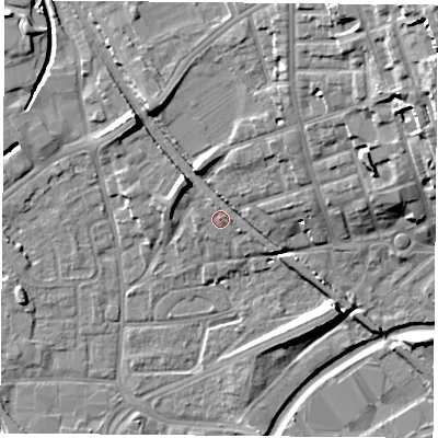 Shaded relief map of the ground around NG72FD, computed from Environment Agency LiDAR. The ground here sits at about 29 m above sea level and falls 25 m across the surrounding 800 m. Surface water reaching this point runs off ground lying to the north-north-west, 1.5 m higher.