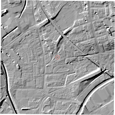 Shaded relief map of the ground around NG72FE, computed from Environment Agency LiDAR. The ground here sits at about 27 m above sea level and falls 17 m across the surrounding 800 m. Surface water reaching this point runs off ground lying to the north-north-east, 6.6 m higher.
