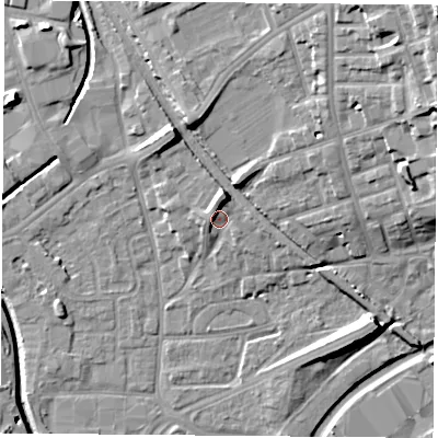 Shaded relief map of the ground around NG72FH, computed from Environment Agency LiDAR. The ground here sits at about 29 m above sea level and falls 22 m across the surrounding 800 m. Surface water reaching this point runs off ground lying to the north-north-east, 5.3 m higher.