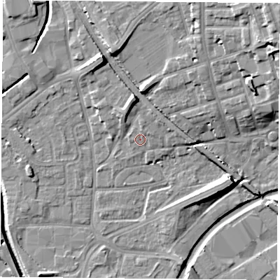 Shaded relief map of the ground around NG72FR, computed from Environment Agency LiDAR. The ground here sits at about 27 m above sea level and falls 19 m across the surrounding 800 m. Surface water reaching this point runs off ground lying to the north-north-east, 1.6 m higher.