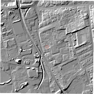 Shaded relief map of the ground around NG72FS, computed from Environment Agency LiDAR. The ground here sits at about 30 m above sea level and falls 20 m across the surrounding 800 m. Surface water reaching this point runs off ground lying to the east-north-east, 13.1 m higher.