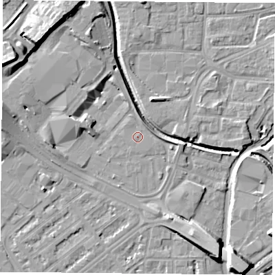 Shaded relief map of the ground around NG72FT, computed from Environment Agency LiDAR. The ground here sits at about 26 m above sea level and falls 17 m across the surrounding 800 m. The ground contributing surface water to this point lies to the south-east.