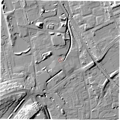 Shaded relief map of the ground around NG72GA, computed from Environment Agency LiDAR. The ground here sits at about 29 m above sea level and falls 15 m across the surrounding 800 m. Surface water reaching this point runs off ground lying to the north-north-west, 4.5 m higher.