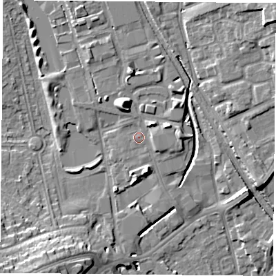 Shaded relief map of the ground around NG72GG, computed from Environment Agency LiDAR. The ground here sits at about 29 m above sea level and falls 14 m across the surrounding 800 m. Surface water reaching this point runs off ground lying to the north-north-west, 5.3 m higher.