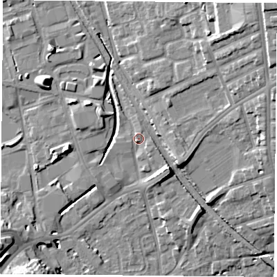 Shaded relief map of the ground around NG72GJ, computed from Environment Agency LiDAR. The ground here sits at about 29 m above sea level and falls 20 m across the surrounding 800 m. Surface water reaching this point runs off ground lying to the south-east, 1.3 m higher.