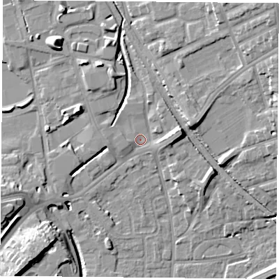 Shaded relief map of the ground around NG72GQ, computed from Environment Agency LiDAR. The ground here sits at about 28 m above sea level and falls 15 m across the surrounding 800 m. Surface water reaching this point runs off ground lying to the east-north-east, 6.4 m higher.