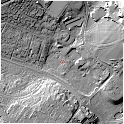 Shaded relief map of the ground around NG72GR, computed from Environment Agency LiDAR. The ground here sits at about 29 m above sea level and falls 24 m across the surrounding 800 m. Surface water reaching this point runs off ground lying to the north-east, 21.8 m higher.