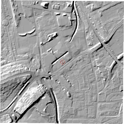 Shaded relief map of the ground around NG72GU, computed from Environment Agency LiDAR. The ground here sits at about 28 m above sea level and falls 15 m across the surrounding 800 m. Surface water reaching this point runs off ground lying to the north-north-east, 1.9 m higher.