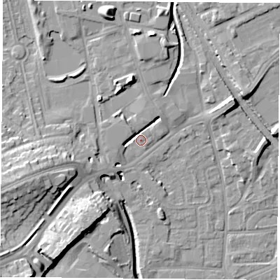 Shaded relief map of the ground around NG72GW, computed from Environment Agency LiDAR. The ground here sits at about 28 m above sea level and falls 15 m across the surrounding 800 m. Surface water reaching this point runs off ground lying to the north-west, 4.7 m higher.