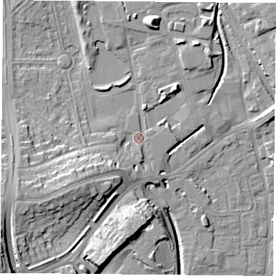Shaded relief map of the ground around NG72HG, computed from Environment Agency LiDAR. The ground here sits at about 29 m above sea level and falls 18 m across the surrounding 800 m. Surface water reaching this point runs off ground lying to the south-west, 6.7 m higher.