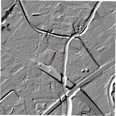 Shaded relief map of the ground around NG72HL, computed from Environment Agency LiDAR. The ground here sits at about 25 m above sea level and falls 13 m across the surrounding 800 m. Surface water reaching this point runs off ground lying to the west, 1.6 m higher.