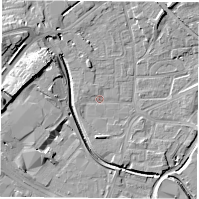 Shaded relief map of the ground around NG72HS, computed from Environment Agency LiDAR. The ground here sits at about 26 m above sea level and falls 17 m across the surrounding 800 m. Surface water reaching this point runs off ground lying to the north-west, 1.7 m higher.