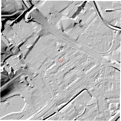 Shaded relief map of the ground around NG72JE, computed from Environment Agency LiDAR. The ground here sits at about 26 m above sea level and falls 27 m across the surrounding 800 m. The ground contributing surface water to this point lies to the south-west.
