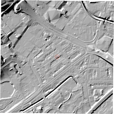 Shaded relief map of the ground around NG72JF, computed from Environment Agency LiDAR. The ground here sits at about 26 m above sea level and falls 22 m across the surrounding 800 m. Surface water reaching this point runs off ground lying to the east-north-east, 1.4 m higher.