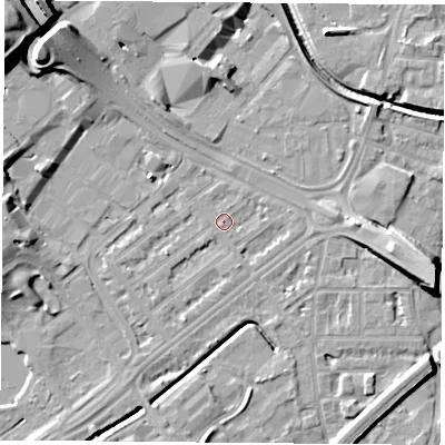 Shaded relief map of the ground around NG72JG, computed from Environment Agency LiDAR. The ground here sits at about 26 m above sea level and falls 18 m across the surrounding 800 m. Surface water reaching this point runs off ground lying to the west-south-west, 1.7 m higher.