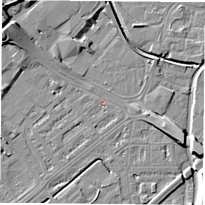 Shaded relief map of the ground around NG72JH, computed from Environment Agency LiDAR. The ground here sits at about 26 m above sea level and falls 17 m across the surrounding 800 m. Surface water reaching this point runs off ground lying to the west-south-west, 1.7 m higher.
