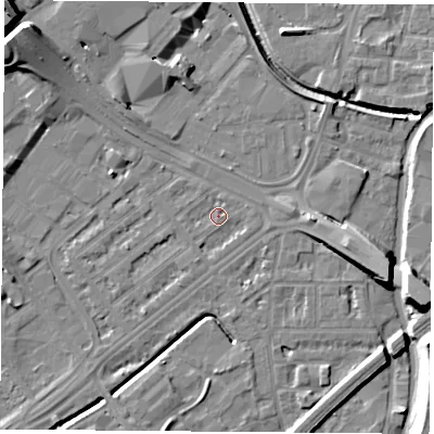 Shaded relief map of the ground around NG72JJ, computed from Environment Agency LiDAR. The ground here sits at about 26 m above sea level and falls 16 m across the surrounding 800 m. Surface water reaching this point runs off ground lying to the west-south-west, 1.7 m higher.