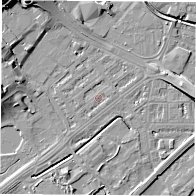 Shaded relief map of the ground around NG72JL, computed from Environment Agency LiDAR. The ground here sits at about 26 m above sea level and falls 15 m across the surrounding 800 m. Surface water reaching this point runs off ground lying to the east-south-east, 1.3 m higher.