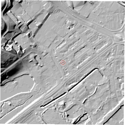 Shaded relief map of the ground around NG72JN, computed from Environment Agency LiDAR. The ground here sits at about 26 m above sea level and falls 25 m across the surrounding 800 m. Surface water reaching this point runs off ground lying to the north-west, 23.5 m higher.