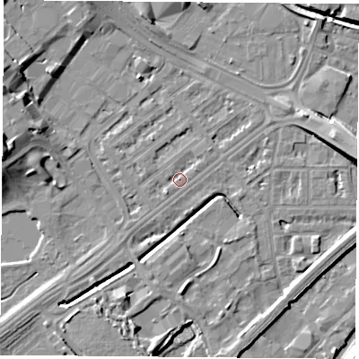 Shaded relief map of the ground around NG72JP, computed from Environment Agency LiDAR. The ground here sits at about 26 m above sea level and falls 11 m across the surrounding 800 m. Surface water reaching this point runs off ground lying to the east-north-east, 1.3 m higher.