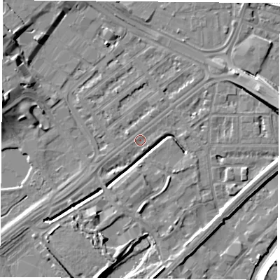 Shaded relief map of the ground around NG72JQ, computed from Environment Agency LiDAR. The ground here sits at about 26 m above sea level and falls 11 m across the surrounding 800 m. Surface water reaching this point runs off ground lying to the south-south-west, 5.6 m higher.