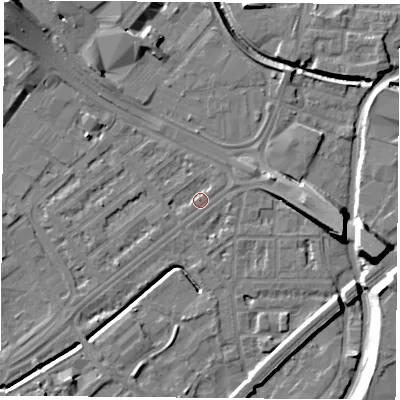 Shaded relief map of the ground around NG72JR, computed from Environment Agency LiDAR. The ground here sits at about 26 m above sea level and falls 13 m across the surrounding 800 m. Surface water reaching this point runs off ground lying to the south-west, 1.4 m higher.