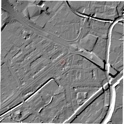 Shaded relief map of the ground around NG72JS, computed from Environment Agency LiDAR. The ground here sits at about 26 m above sea level and falls 13 m across the surrounding 800 m. Surface water reaching this point runs off ground lying to the east, 7.1 m higher.