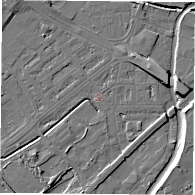 Shaded relief map of the ground around NG72JT, computed from Environment Agency LiDAR. The ground here sits at about 26 m above sea level and falls 13 m across the surrounding 800 m. Surface water reaching this point runs off ground lying to the east-north-east, 9.7 m higher.
