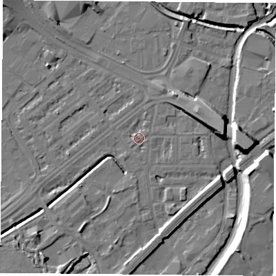 Shaded relief map of the ground around NG72JU, computed from Environment Agency LiDAR. The ground here sits at about 26 m above sea level and falls 13 m across the surrounding 800 m. Surface water reaching this point runs off ground lying to the north-north-east, 0.9 m higher.