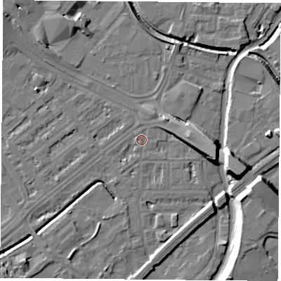 Shaded relief map of the ground around NG72JW, computed from Environment Agency LiDAR. The ground here sits at about 26 m above sea level and falls 13 m across the surrounding 800 m. Surface water reaching this point runs off ground lying to the west, 1.2 m higher.