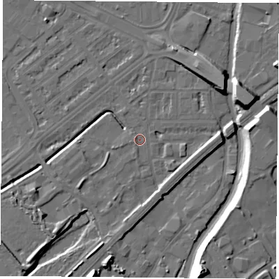 Shaded relief map of the ground around NG72JX, computed from Environment Agency LiDAR. The ground here sits at about 26 m above sea level and falls 16 m across the surrounding 800 m. Surface water reaching this point runs off ground lying to the west-north-west, 0.8 m higher.