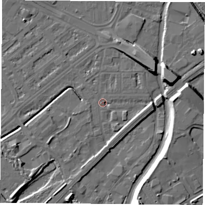 Shaded relief map of the ground around NG72JY, computed from Environment Agency LiDAR. The ground here sits at about 26 m above sea level and falls 16 m across the surrounding 800 m. Surface water reaching this point runs off ground lying to the north, 1.9 m higher.
