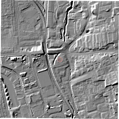 Shaded relief map of the ground around NG72JZ, computed from Environment Agency LiDAR. The ground here sits at about 31 m above sea level and falls 16 m across the surrounding 800 m. Surface water reaching this point runs off ground lying to the west, 2.8 m higher.