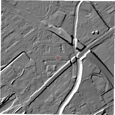 Shaded relief map of the ground around NG72LA, computed from Environment Agency LiDAR. The ground here sits at about 26 m above sea level and falls 13 m across the surrounding 800 m. Surface water reaching this point runs off ground lying to the east-south-east, 3.9 m higher.