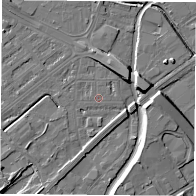 Shaded relief map of the ground around NG72LB, computed from Environment Agency LiDAR. The ground here sits at about 26 m above sea level and falls 13 m across the surrounding 800 m. The ground contributing surface water to this point lies to the east-north-east.