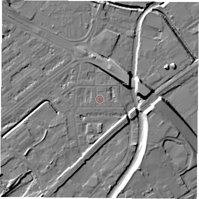 Shaded relief map of the ground around NG72LD, computed from Environment Agency LiDAR. The ground here sits at about 26 m above sea level and falls 13 m across the surrounding 800 m. The ground contributing surface water to this point lies to the east.