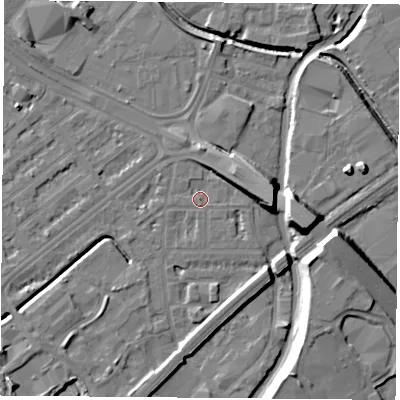 Shaded relief map of the ground around NG72LE, computed from Environment Agency LiDAR. The ground here sits at about 26 m above sea level and falls 13 m across the surrounding 800 m. Surface water reaching this point runs off ground lying to the south, 1.0 m higher.