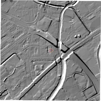 Shaded relief map of the ground around NG72LF, computed from Environment Agency LiDAR. The ground here sits at about 26 m above sea level and falls 13 m across the surrounding 800 m. Surface water reaching this point runs off ground lying to the west-south-west, 1.6 m higher.